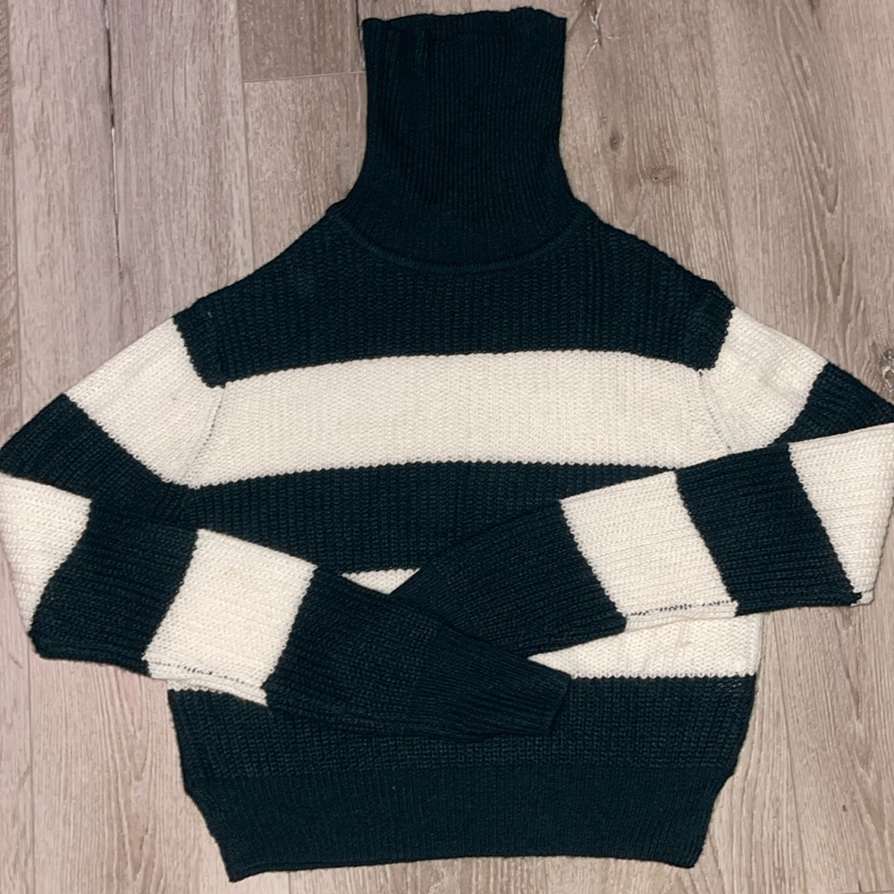 Dark green and white cropped turtle neck knit sweater